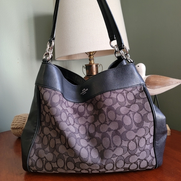 Coach Lexy Signature Jacquard Black & Gray Shoulder Bag w/ Black Leather #F27579 - Picture 1 of 16